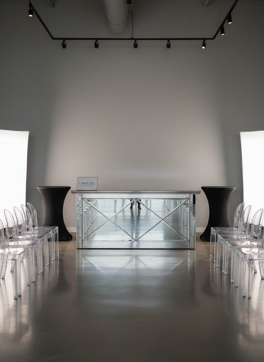 A meticulously arranged collection of luxury event rental pieces displayed in a bright, modern showroom: a mirrored bar with brushed nickel trim, sleek ghost chairs with flawless transparent surfaces, and a set of matte black pedestal cocktail tables. The items are spaced with gallery-like precision on a polished concrete floor, with a neutral gray wall behind them. Soft studio lighting from above and the side creates refined reflections and subtle gradients on the materials, emphasizing their quality. The atmosphere feels curated and sophisticated, captured with a wide-angle lens and sharp focus throughout. The photographic style is clean and contemporary, showcasing the versatility and elegance of LAKE CO’s rental inventory.