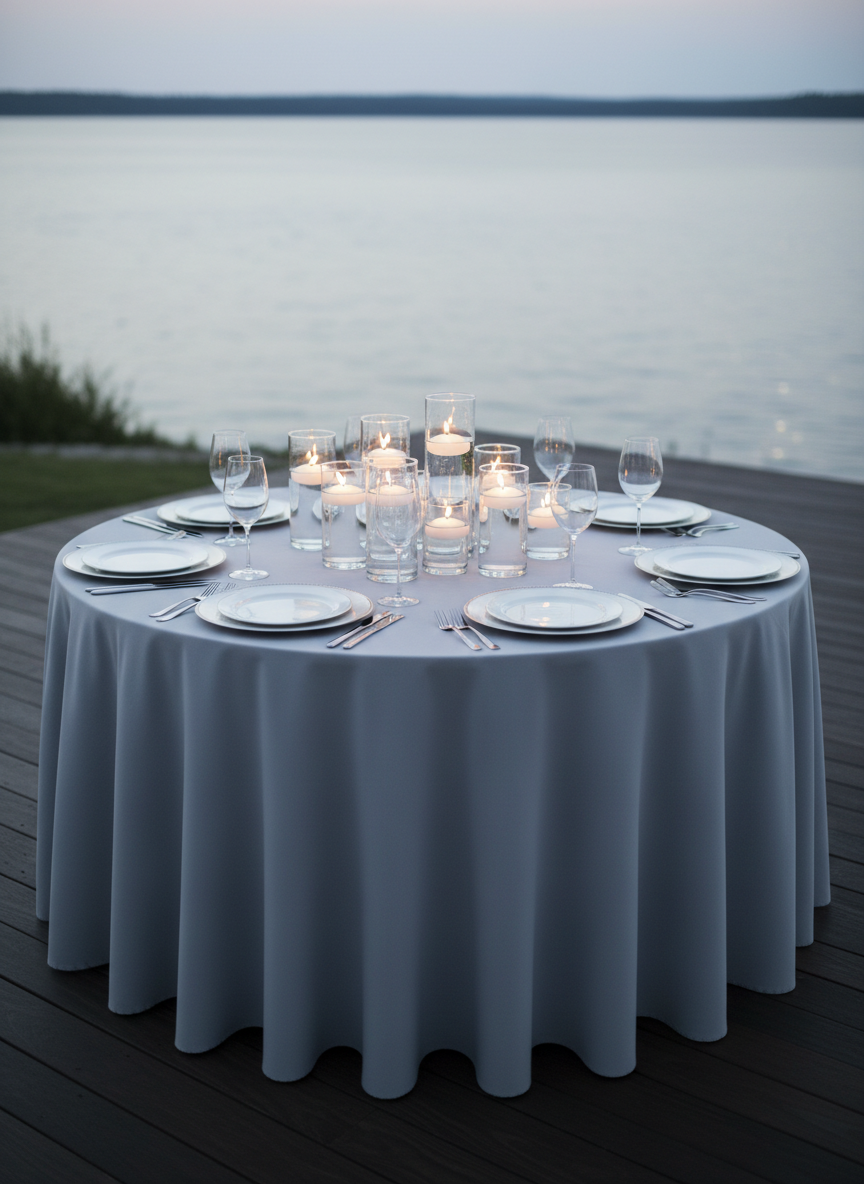 A close-up, photographic image of a refined tabletop design for a lakeside gala: a round table covered in a smooth dove-gray linen, featuring a single low centerpiece made of glass cylinders filled with clear water and floating white candles. Surrounding the centerpiece, fine white china with a thin platinum rim sits on brushed silver chargers, paired with slender crystal wine glasses. The table stands on a dark hardwood deck overlooking a blurred hint of water beyond. Soft, diffused twilight light creates a calm, cool ambiance with tiny candle reflections glinting off the glass. Shot from a slightly elevated angle using a shallow depth of field, the mood is intimate, sophisticated, and ideal for a luxury event rental brand.