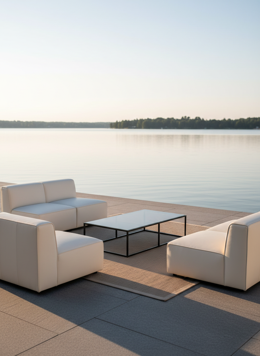 A polished lakeside lounge vignette showcasing rental furniture: two low, square, cream-colored modular sofas with tailored upholstery and clean lines forming an L-shape around a rectangular smoked-glass coffee table with a matte black metal frame. The arrangement sits on a textured neutral outdoor rug atop a smooth stone terrace, with the still lake surface visible in the mid-ground and distant tree silhouettes softly blurred. Late afternoon natural light washes across the scene, producing gentle highlights on the fabric and glass while leaving soft, elongated shadows. The composition is balanced using the rule of thirds, with photographic realism and a restrained, sophisticated palette of creams, charcoals, and soft blues, conveying an upscale, serene event environment.